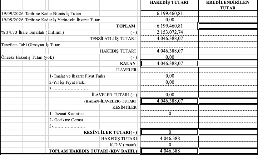 Matbu hakediş Excel çıktısı