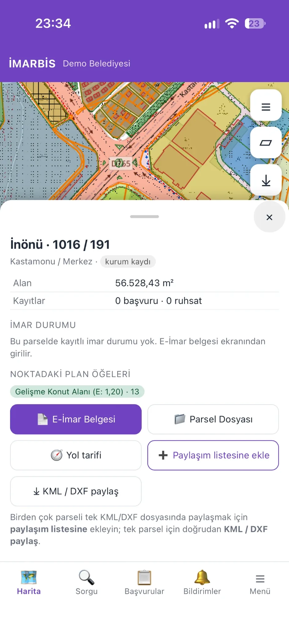 opusimar mobil: parsel kimliği, alanı, noktadaki plan öğeleri ve e-imar belgesi düğmesi